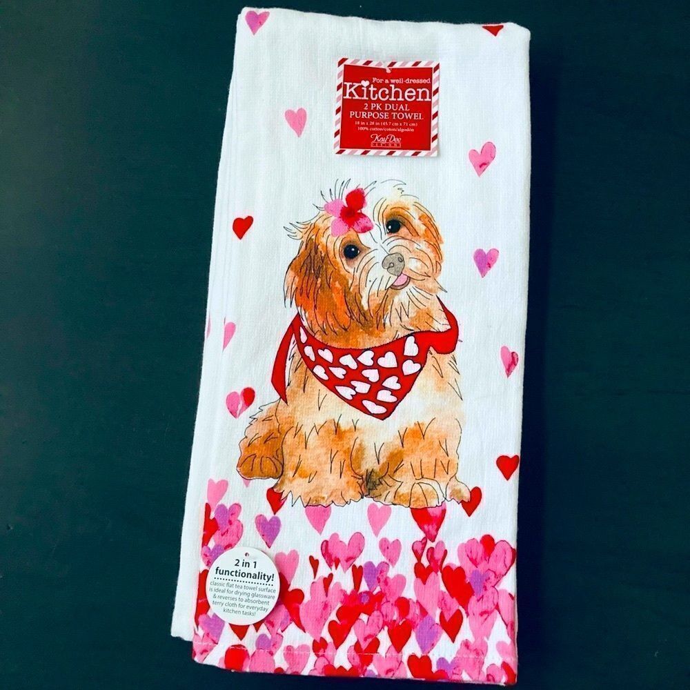 Shih Tzu Dog Valentine Hearts Print Kitchen Dish Towels Set